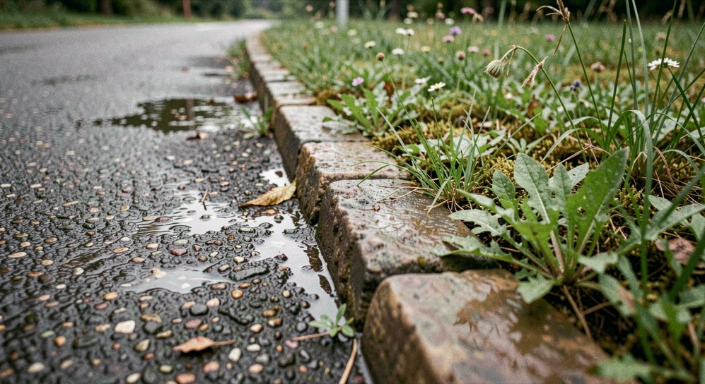 Une bordure de pierre sépare un chemin perméable d’une bande plantée après une pluie légère