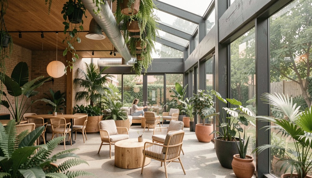 Un détail de matière et de lumière illustre la question de design biophilique architecture dans un espace construit
