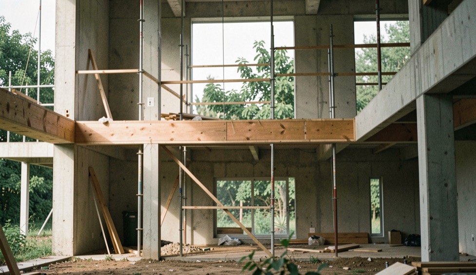 Un détail de matière et de lumière illustre la question de exemples construction verte dans un espace construit