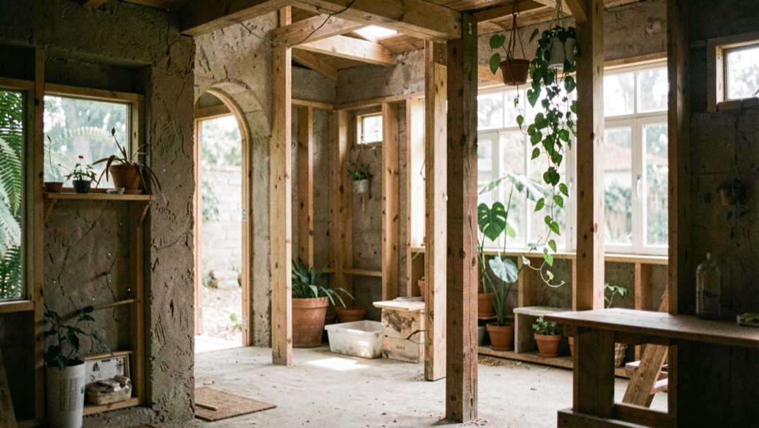 Un détail de matière et de lumière illustre la question de principes architecture écologique dans un espace construit