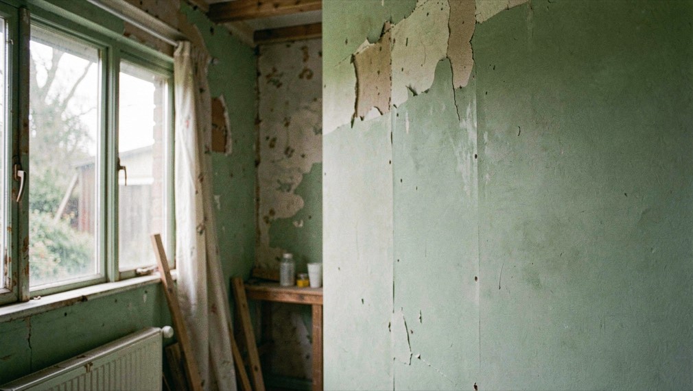 Un détail de matière et de lumière illustre la question de rénovation verte maison dans un espace construit