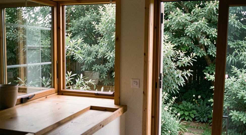 Un seuil en bois relie une pièce lumineuse à un jardin dense, avec une vue cadrée sur les feuillages