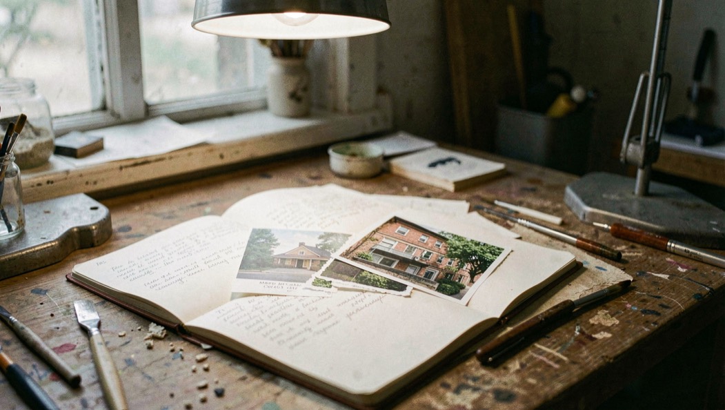Un carnet ouvert, des feuilles de veille et une photographie de façade reposent sous une lampe d’atelier