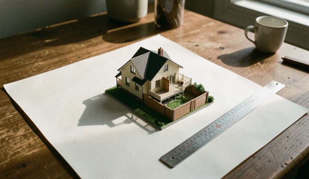 Une table de travail montre une coupe de maison, une règle métallique et des ombres nettes sur le papier