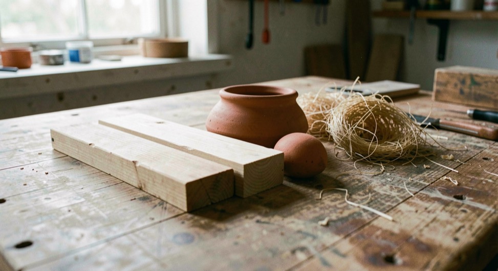 Des échantillons de bois, terre cuite et fibres sont alignés sur une table d’atelier sans étiquette visible