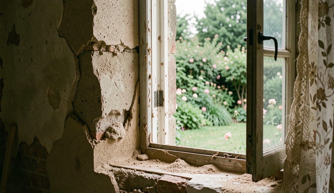 Une paroi ancienne révèle plusieurs couches de matière autour d’une fenêtre ouverte sur un jardin calme