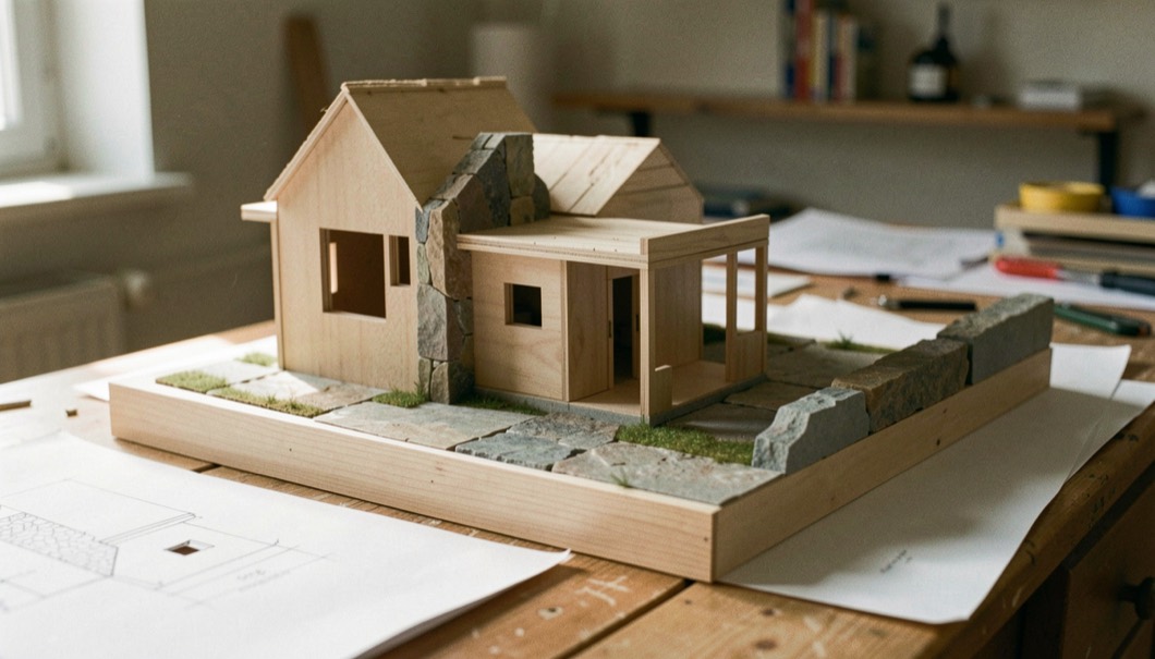 Une maquette de coupe architecturale en bois, pierre et papier posée dans une lumière latérale douce